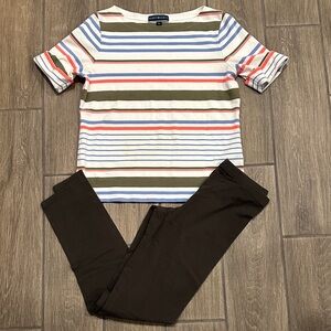 Karen Scott Blue, White, Coral, Olive Striped Top with matching olive leggings.
